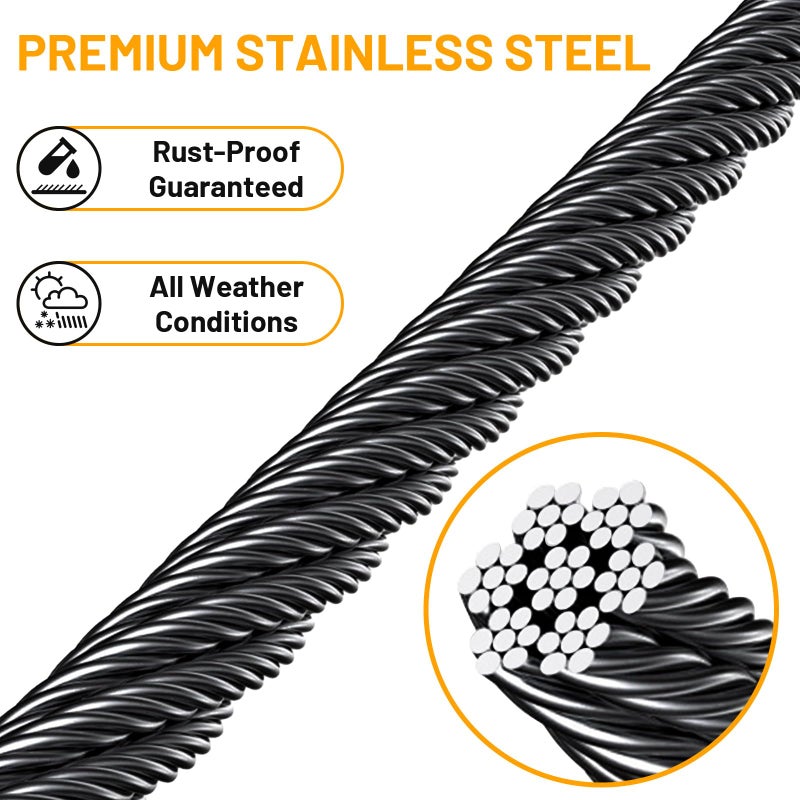 AHEONLAR 500FT 1/8"" Black Stainless Steel Cable with a Cutter  T316 Wire Rope Cable for Deck Cable Railing Kit  1850 lb Breaking Strength  7x7 Strands Aircraft Cable for Stair Fence Deck Railing - Image 2